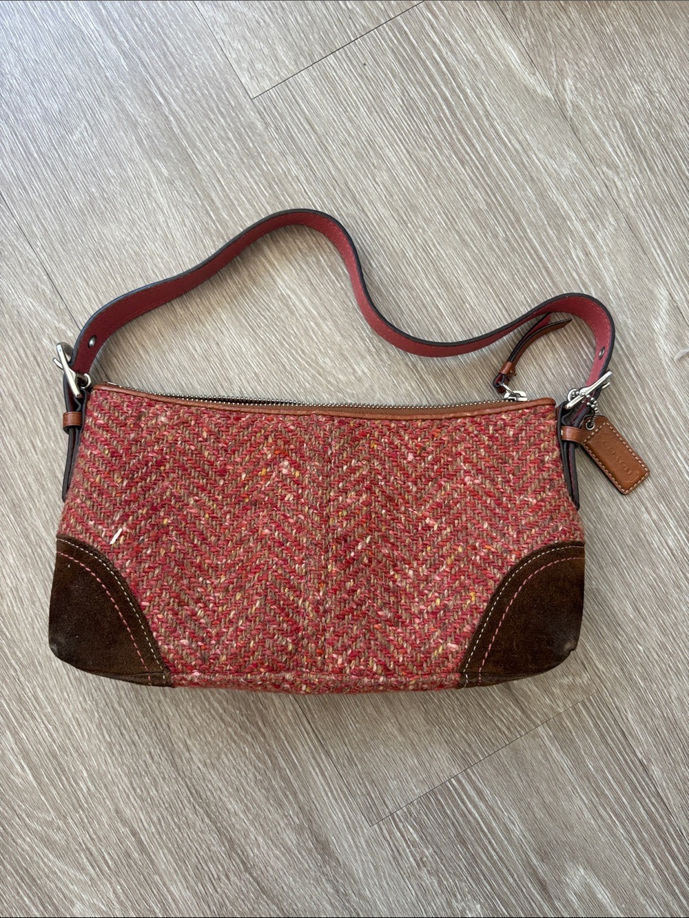 Coach Red Tweed Shoulder Bag with Brown Suede Accents
